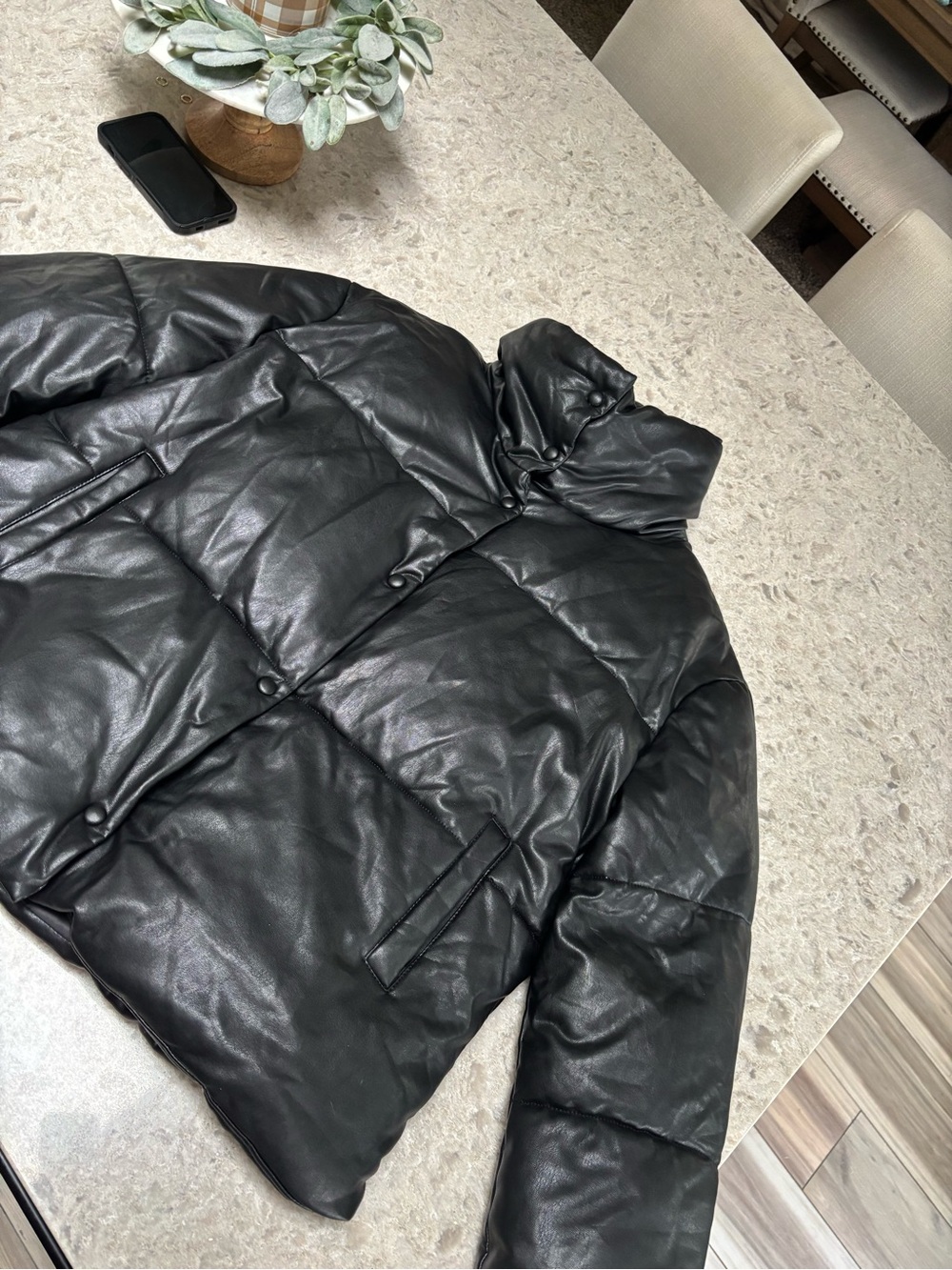 Avec Les Filles Black Leather Puffer Jacket
